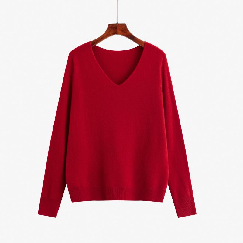 

Женский свитер с V-образным вырезом и низом из шерстяной вязки больших размеров XXL красный