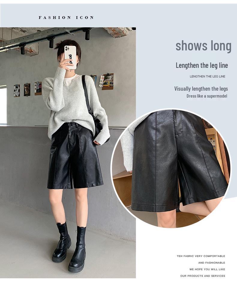 2025 Women's High Waist PU Washed Leather Bootcut Shorts - Mid-Length, Wide Leg, Loose Slimming Fit for Autumn/Winter
