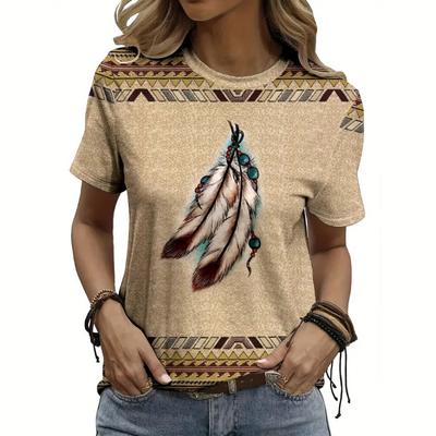 Vintage T Shirt For Women Ethnic Print Crew Neck T-Shirt Summer Casual Short Sleeve Tee Streetshirt Female Oversized Clothing