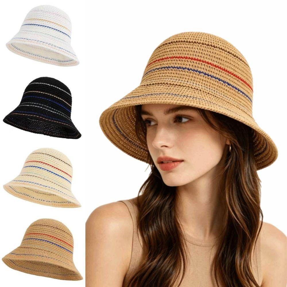 Color-Blocked Striped Knitted Hollow Fisherman Hat Vintage Style Bucket Sun Hat  Beach