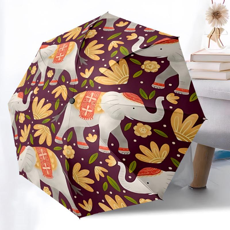 1pc Elephant Floral Automatic Umbrella - 8-Rib Portable Folding Black Iron Frame for Outdoor, Beach, Travel, Beach Umbrella,017