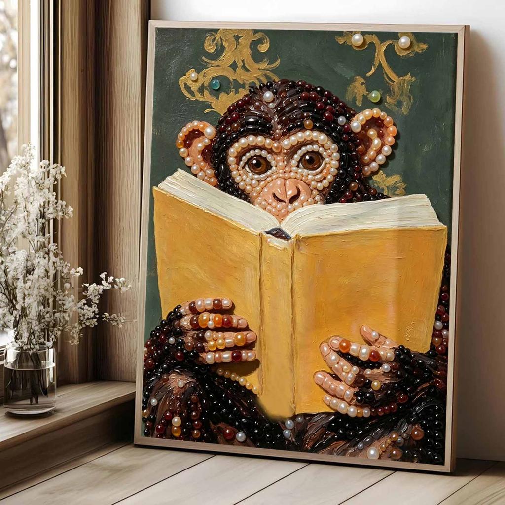 Relaxing DIY Pearl Painting Kit Framed with Reading Monkey Design 5D Sparkling Bead Canvas Craft for Girls Bedroom Decor Holiday Art Gift