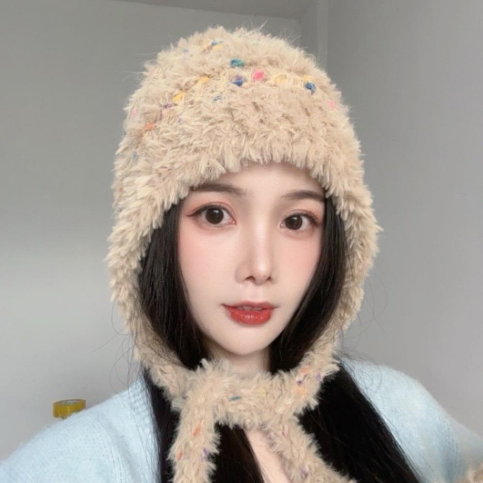 

Tangy Bean Tassel Lace Up Plush Knitted Hat for Women In Autumn and Winter Japanese Sweet Cold Protection Ear Protection Hat