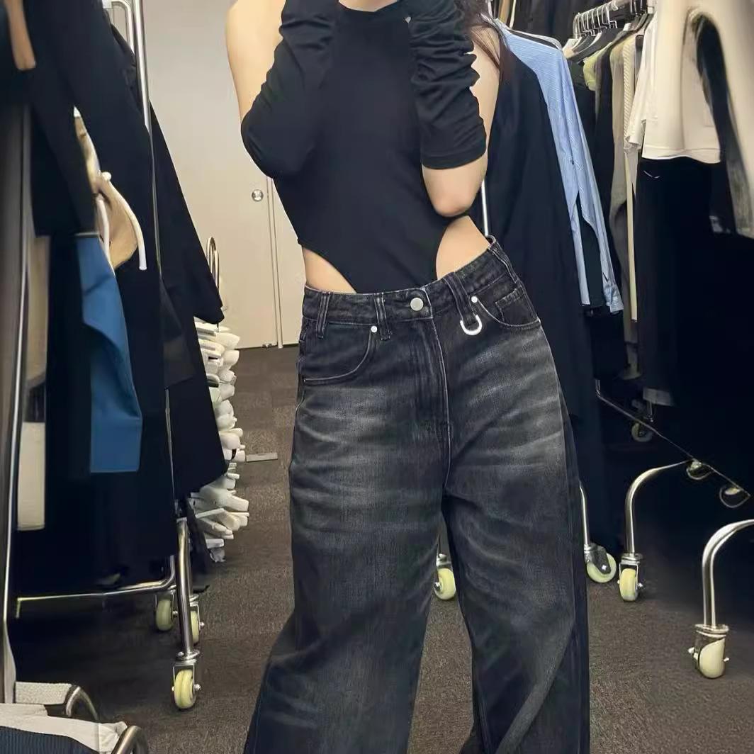 

Винтажные черные широкие джинсы женские большие уличные корейские модные мешковатые джинсовые брюки гранж Y2k женский хип-хоп XXXL