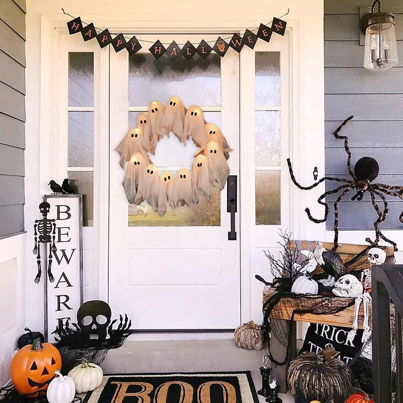 

Хэллоуинский венок с призраком, 12 светодиодных светящихся гирлянд с белыми призраками, жуткое подвесное украшение для дома и улицы для входной двери, стены