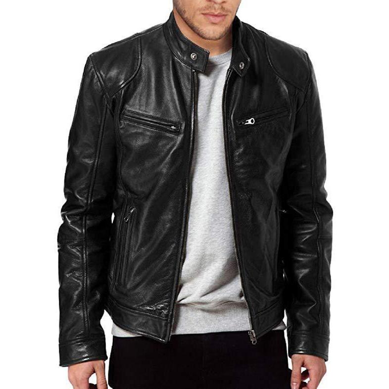 Slim Men's Leather Jacket Fashion Men's Motorcycle Jacket Stand Collar Zip Slim Jacket