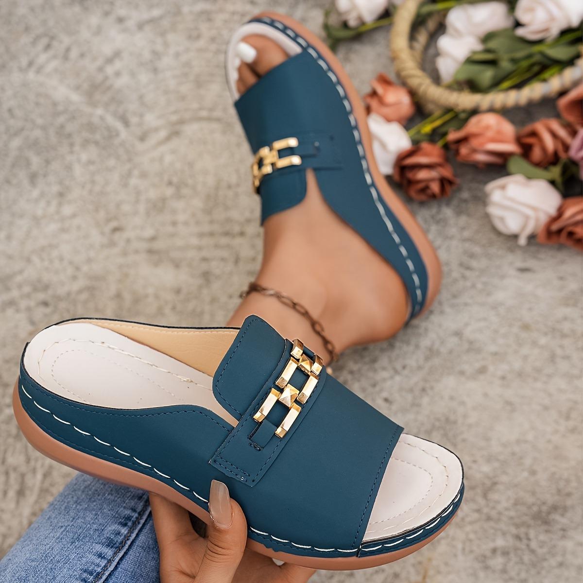Женские босоножки на толстой платформе белые без застежек золотая пряжка плоская подошва открытый носок подошва из полиуретана синтетическая подкладка и верх повседневная обувь 36 темно-синий 1370₽