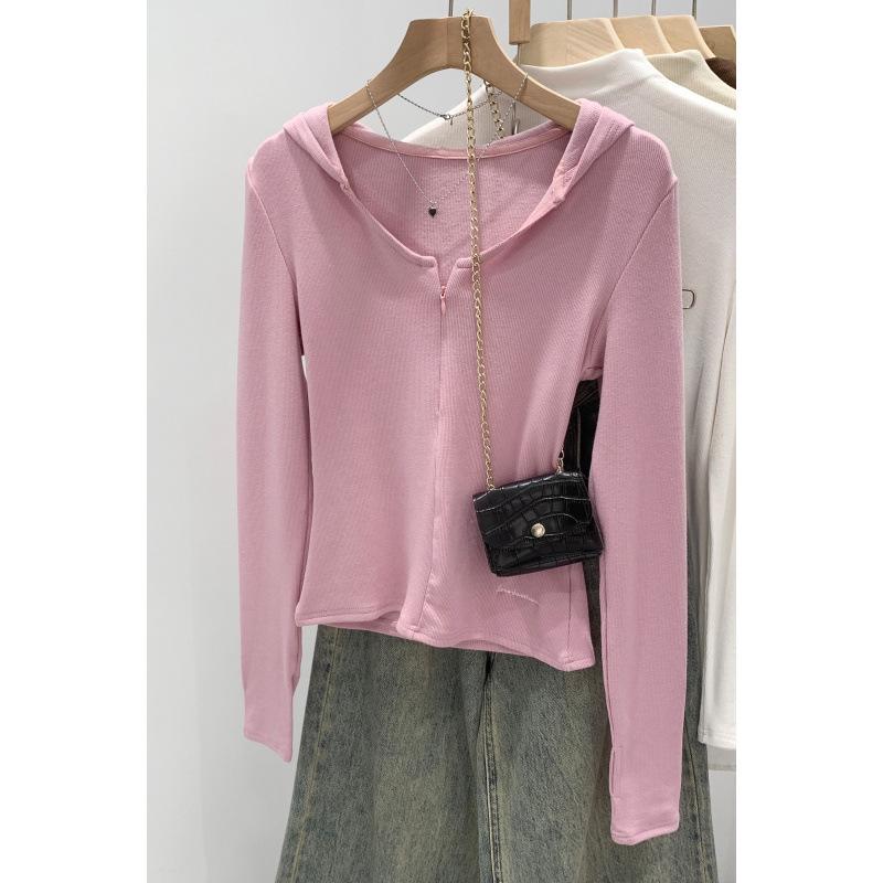 Damen Koreanischer Rosa Kapuzen-Strick-Cardigan-T-Shirt - Herbst/Winter 2025 Kollektion, Vielseitig als Innenlage oder Oberbekleidung