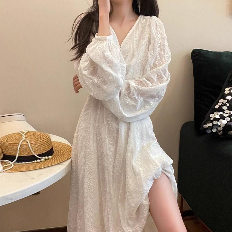 Floral Long Sleeve Dress With Embroidery For Vacation And Casual Wear