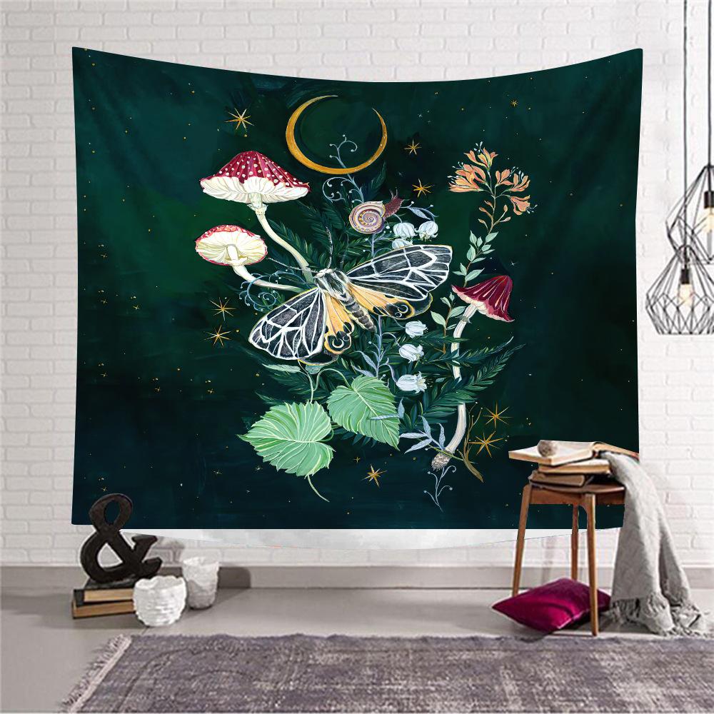 Green Background Mushroom Butterfly Tapestry for Home Room Decoration Live Broadcast Background Fabric Bedside Tapestry 100X70CM