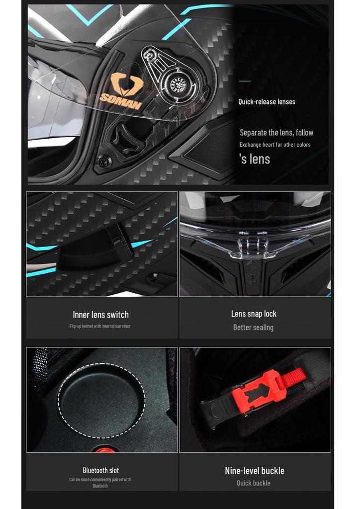 HD Kulaklıklı SOMAN SM955-S Çift Vizörlü Kapaklı Motosiklet Bluetooth Kaskı