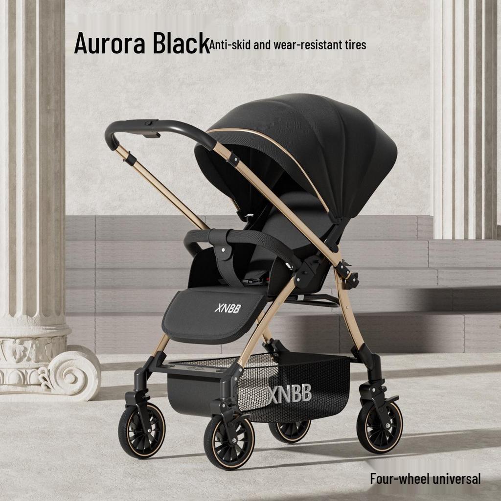 Compact Four-Wheel Baby Stroller: Sit, Lie, Fold - Lightweight Umbrella Design with Shock Absorption for Ages 0-3.