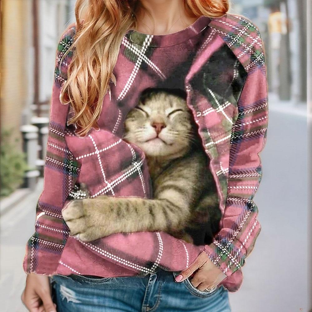 

Women s Pullover Sweatshirt Plaid Cat Casual Sportswear Festival Round Neck Long Sleeve Top 5XL