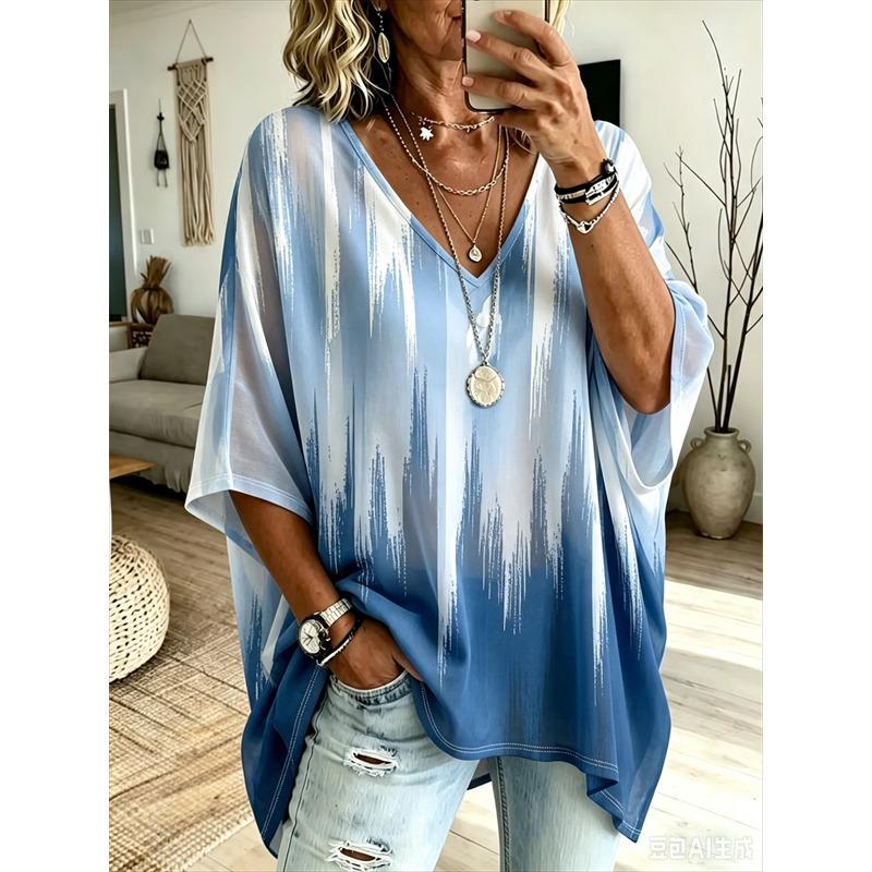 T-shirt da Donna Taglie Forti Scollo a V Maniche a Pipistrello Stampa Etnica Boemia Top Largo Estivo Comodo Traspirante Quotidiano Casual Stile Modellante