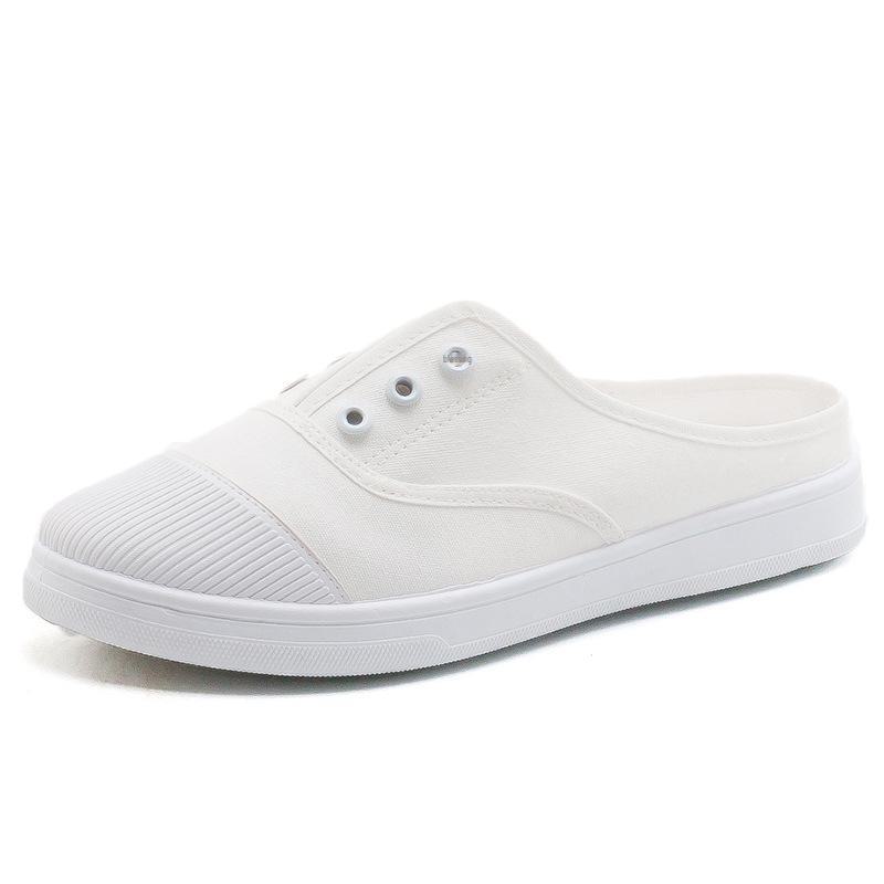 Korean Style Women's Canvas Slip-On Shoes, White, Size 41, No Heel. Perfect for Summer and Year-Round Wear.