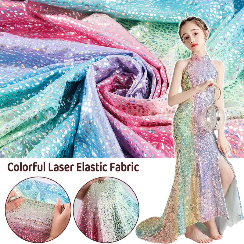 100X150Cm Glitter Laser Polyester Fabric Stretch Sequins Iridescent Holographic Cloth for Wedding Party Doll Clothing Material
