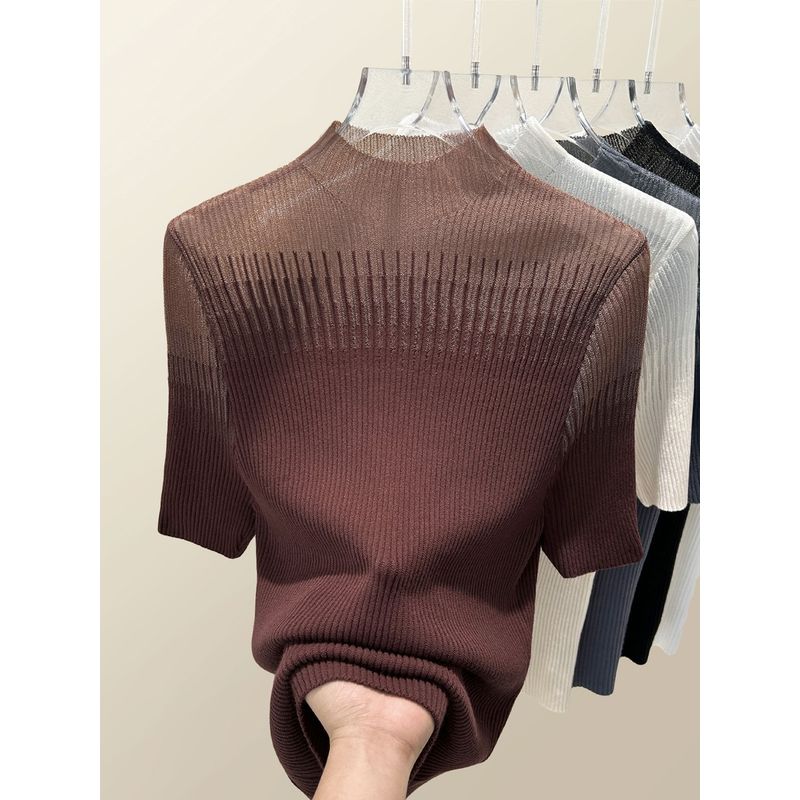 

Summer New Arrival Cutout Half Turtleneck Mesh Lace Short Sleeve T-shirt Top Women s Clothing Korean Wear Ice Silk Sweater Dark brown L