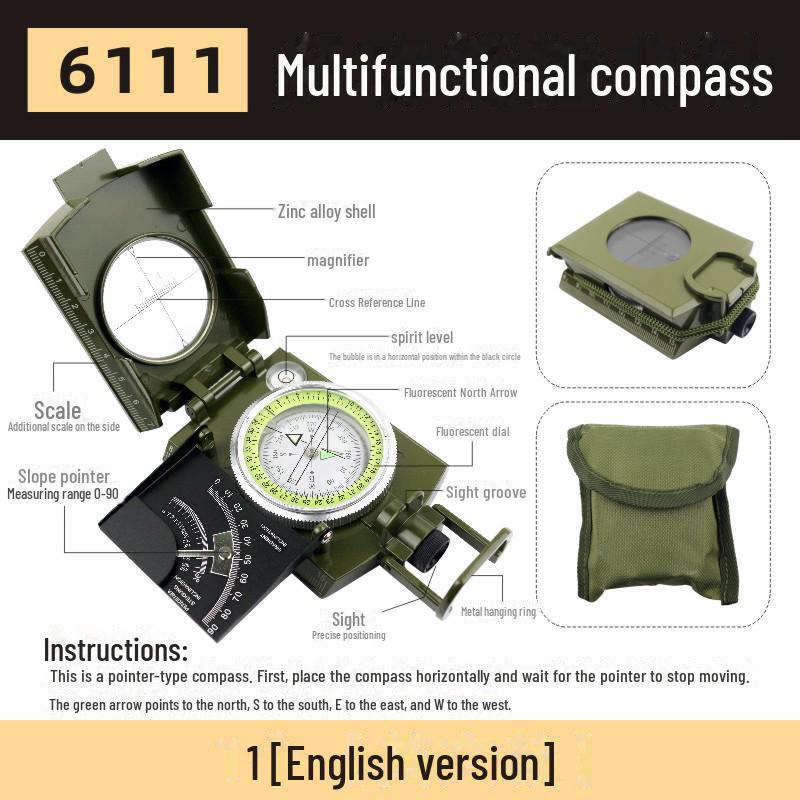 High-Precision Outdoor Military Multi-Function Green Compass with Luminous Needle
