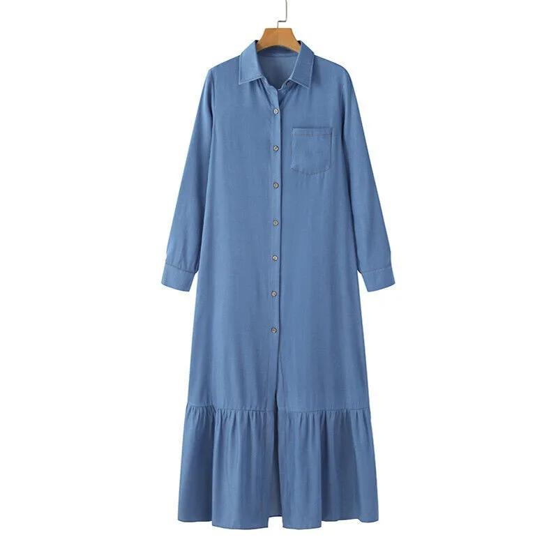 Women's Long Sleeved Loose Denim Dress with Lapel Button Up Cardigan Solid Color Casual Loose Denim Long Dress