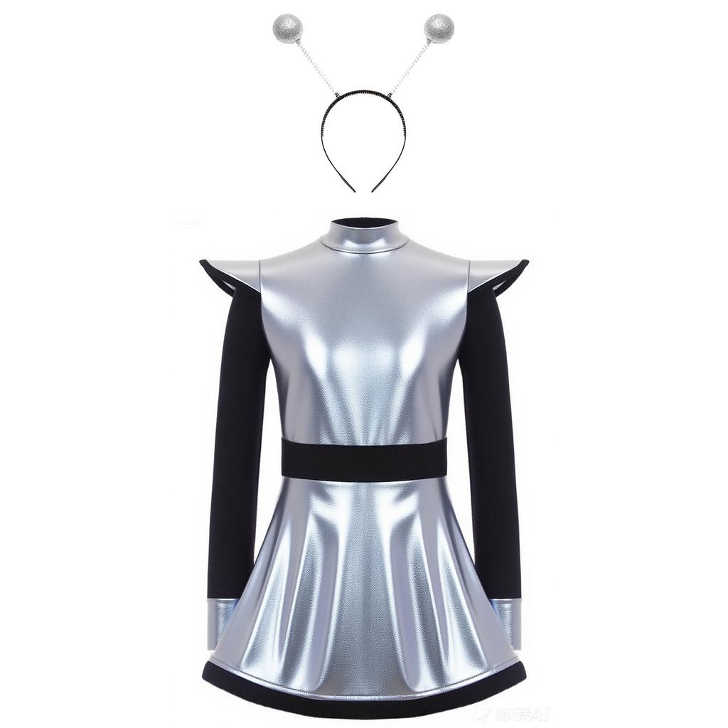 Girls Alien Costume Set Patchwork Metallic Dress Mock Neck Long Sleeve Built In Shorts Matching Hair Hoop