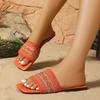 Fashion Bohemia Orange Embroidered Fabric Slides Women 2025 Summer Square Toe Flat Heel Slippers Silver Glitter Sexy Beach Sandals