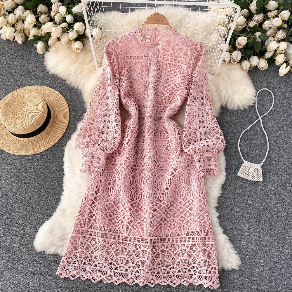 RUGOD Robe rétro haut de gamme de déesse du tempérament, robe trapèze en dentelle à crochet creux à taille fine et fleur