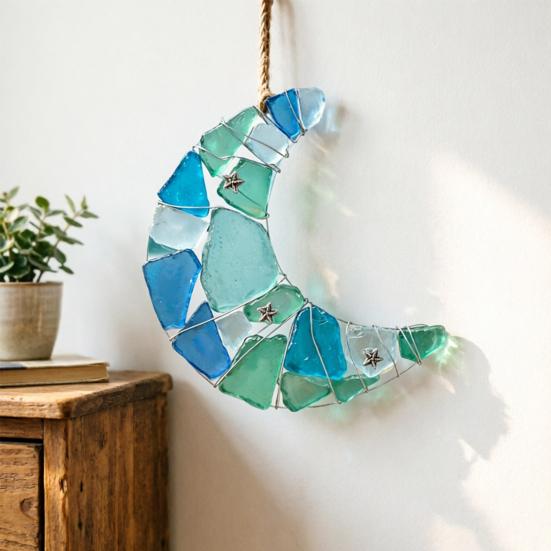 Handmade Moon Shape Sea Glass Ornament Coastal Style Crescent Moon Hanging Decoration for Tree Holiday Home Decor Gift for Beach Lovers