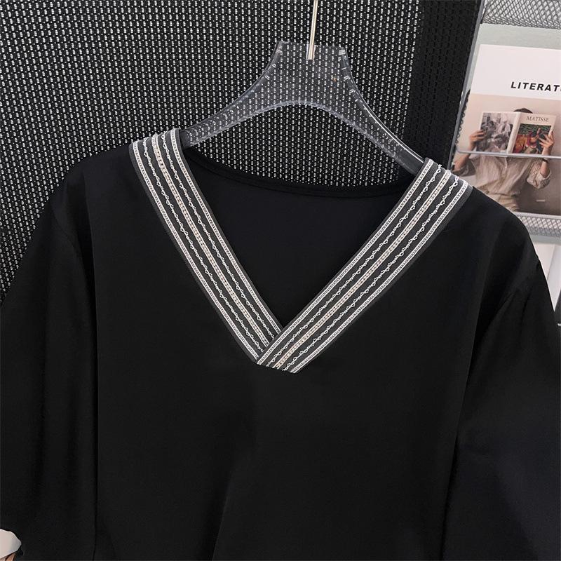 Women's Plus Size V-Neck Chiffon Short Sleeve Mid-Length Loose T-Shirt 