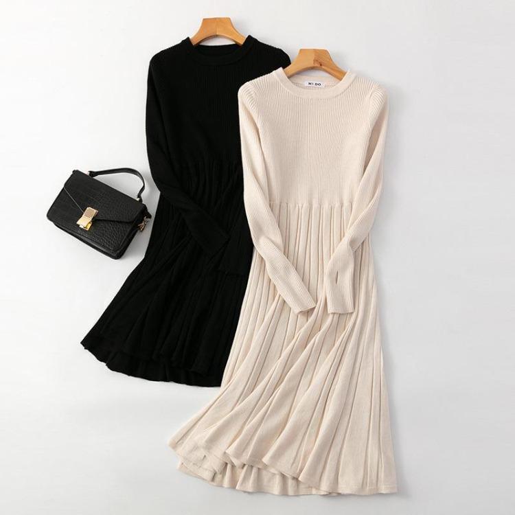 A-line Thick Pullover Dress for Autumn Winter Chic Long Ribbed Full Sleeve Party