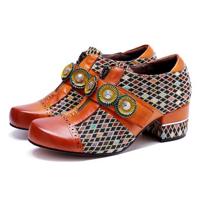 Pompalar Kadın Hakiki Deri El Yapımı Retro Desen Eklemeli Yüksek Topuklu Ayakkabılar Moda Kadın Ayakkabıları