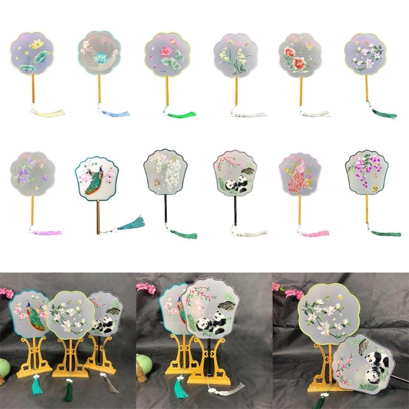 Chinese Styles Ancient Embroidery Fan Decorations Long Handle Tassels Double Side Hand Fan for Womens Girl Performances