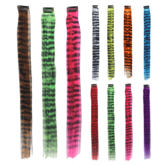 Women Clip-in Raccoon Tail Hair Extension Heat Resistant Natural Looking Long Straight Synthetic Stripe Printed Hairpiece Wig