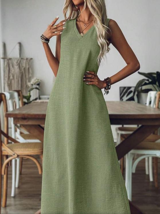European Women's Sleeveless V-Neck Loose Summer Dress - Elegant & Fashionable