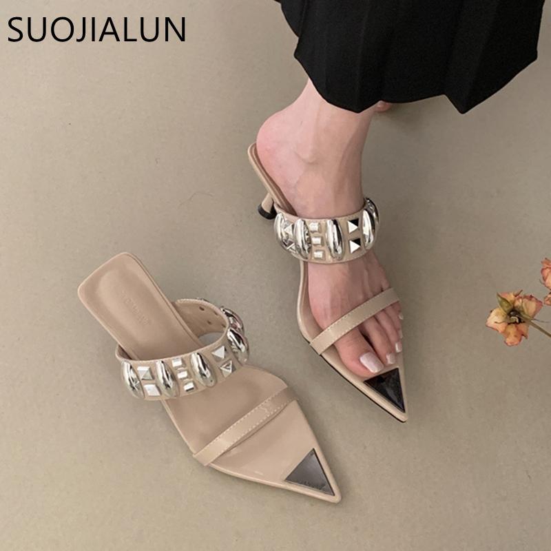 Fashion SUOJIALUN 2025 Summer New Brand Women Slipper Fashion Rivet Pointed Toe Slip On Ladies Slides Thin High Heel Outdoor Dress Sanda