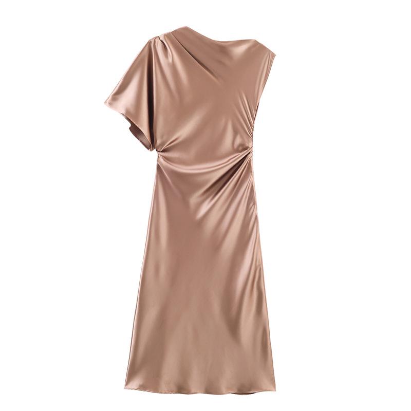 

Spring 2026 Asymmetrical Sleeve Silk Satin Midi Dress Medium