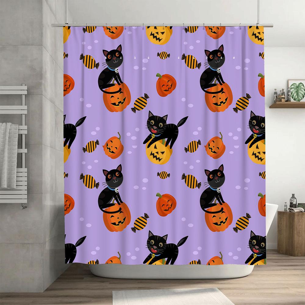 Halloween-themed shower curtain with black cats and pumpkins for bathroom decor accessories waterproof fabric, suitable for Hall