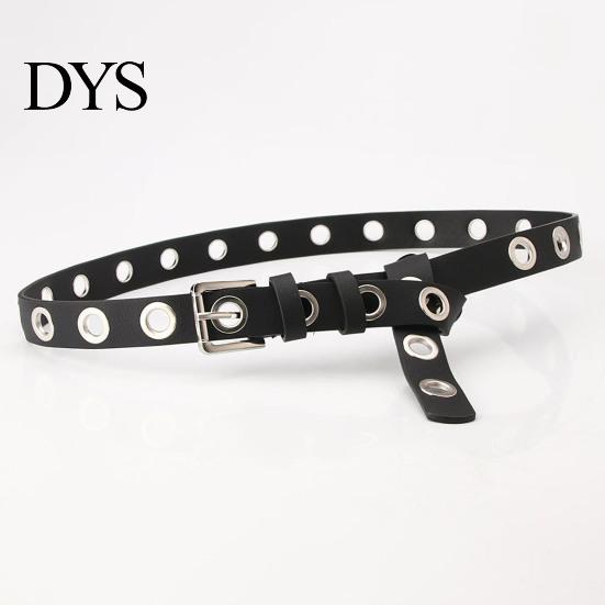 Durable Women Belt With Simple Design Thin Pants Metal Buckle Faux Leather Hollow Circle Waistband Adjustable Length Multi Holes Jeans