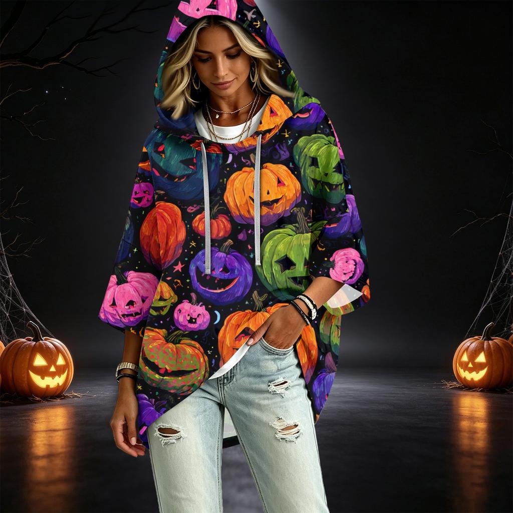 Women's Halloween Print Hooded Pullover Top with 3/4 Sleeves