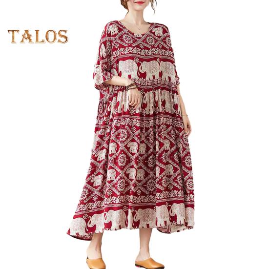 

Платье макси с цветочным принтом в стиле бохо-слона для женщин, длинное платье из хлопка и льна, повседневное пляжное платье с коротким рукавом вино красного