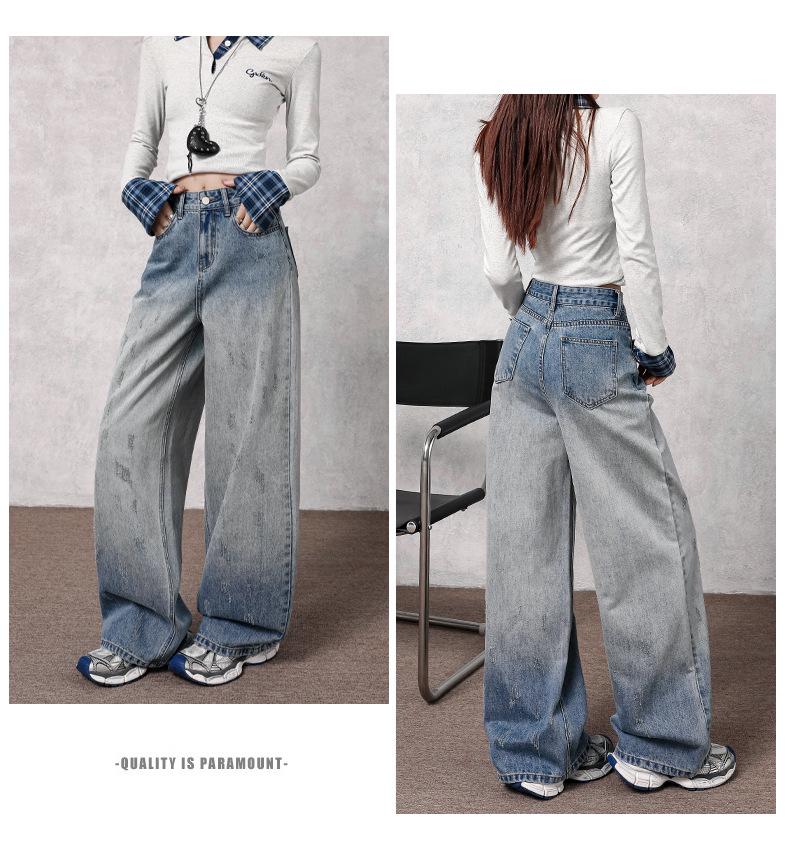 Autumn Gradient Retro Women's High Waist Wide-Leg Jeans - Hong Kong Style, Floor-Length Pants