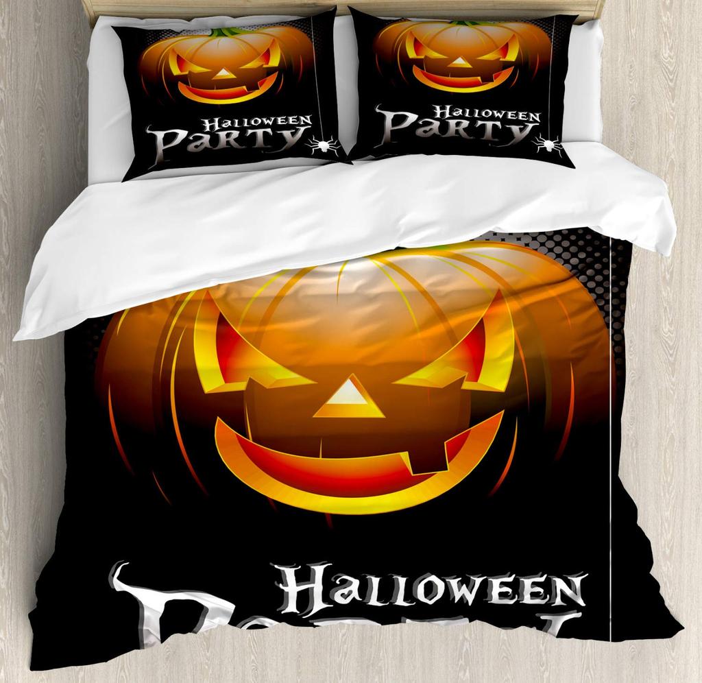 Halloween Duvet Cover Set, Spooky Carved Halloween Pumpkin Lantern Bat Bedding Set Single Twin Full Queen King Comforter Cover