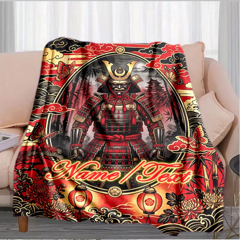 1PC Custom Name Samurai Armor flannel blanket versatile,all-season throw suitable for the living room,bedroom,camping,travel,and gift