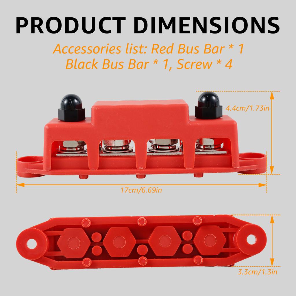 Power Distribution Block 250A 48V DC Bus Bar Battery Power Distribution Block with Cover Screws Positive Negative Terminal Block