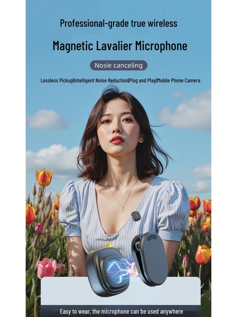 Magnetic Wireless Lavalier Microphone with Cold Shoe Mount and Noise Reduction for Live Streaming and Outdoor Shooting.