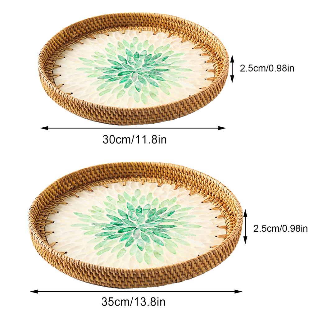 2pcs Handmade Rattan Tray Colorful Shell Fruit Plate Household Coffee Table Storage Tray Bread Snack Plate for Living
