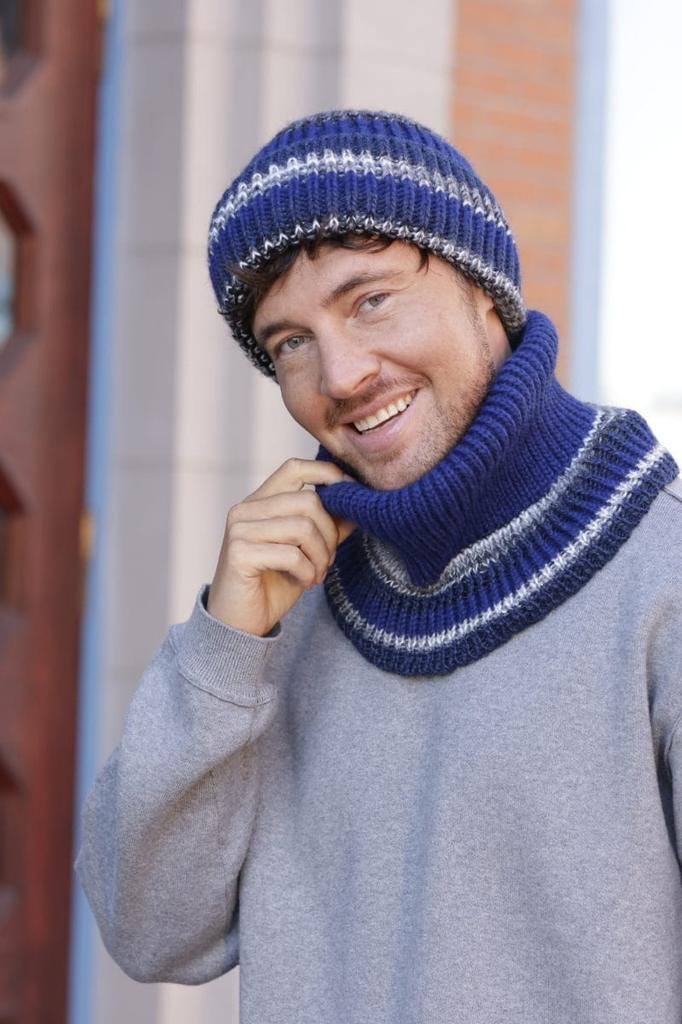 Men' Navy Blue Striped Hat with Wool and Alpaca - Isu