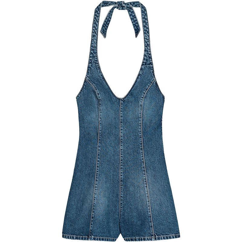 Zaprha 2025 New Neck Collar Backless Denim Jumpsuit Women Small Wide Leg Shorts 4365084