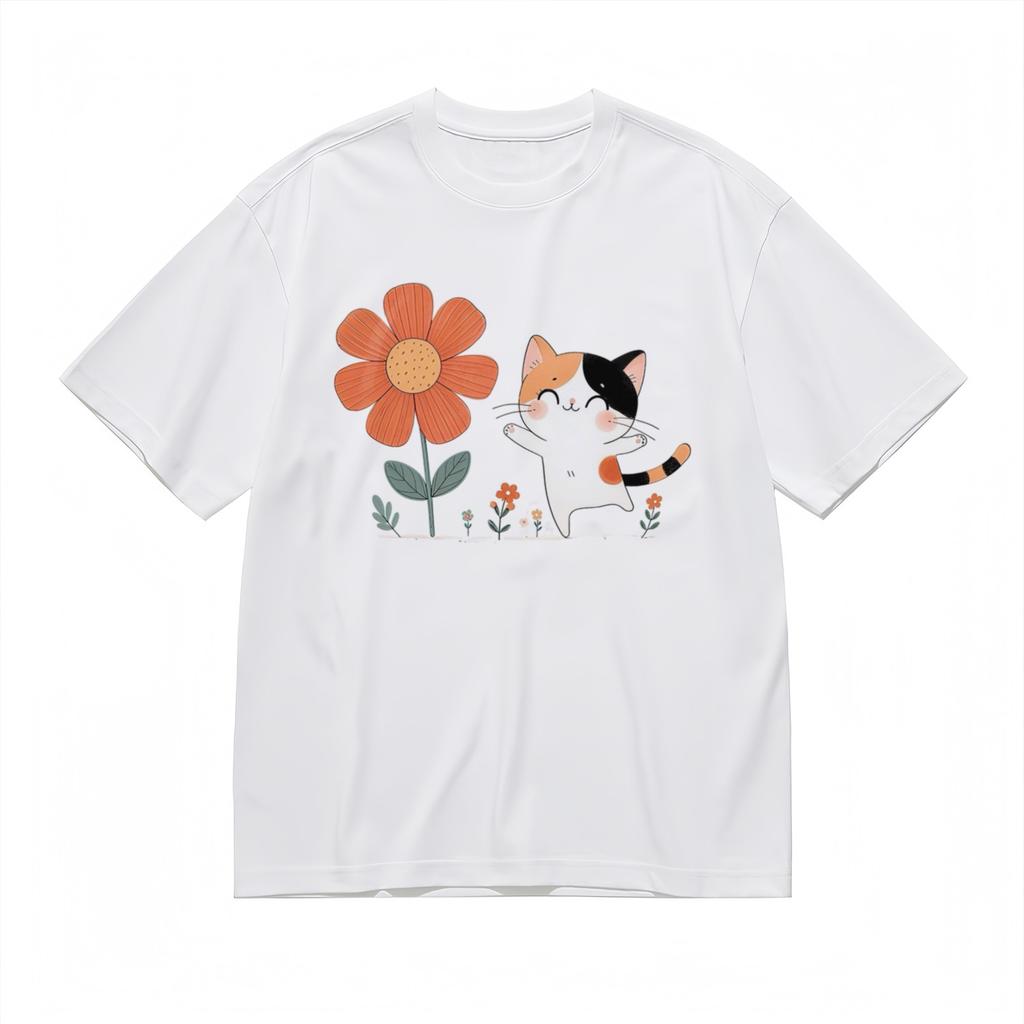Women's Soft Breathable All Season Classic T-Shirt Mens Womens Tees Top Cute Cat With Flower Tee