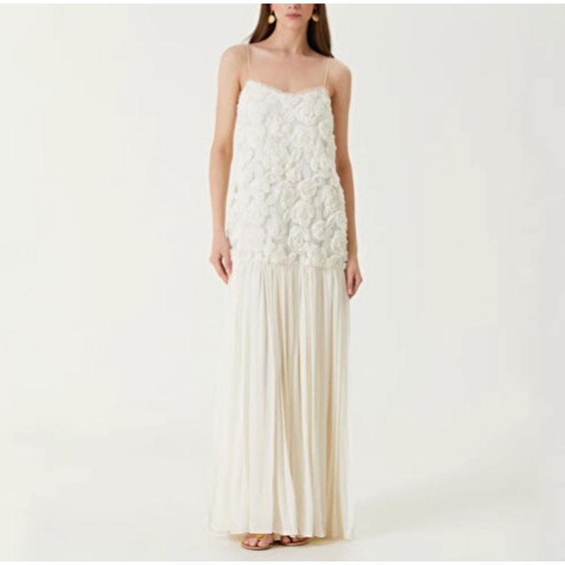 Women's Chiffon Dress Elegant White Backless 3D Flower Strap Dress Pleated A-line Patchwork Design Summer Beach Vacation Robe Evening Vestidos Dress