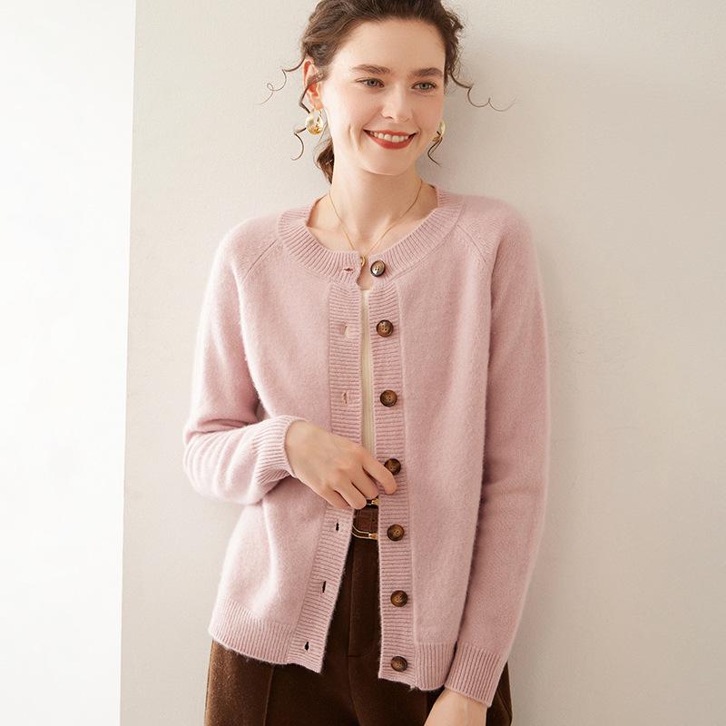 Women's Long Sleeve Korean Style Cashmere Cardigan - Thick Crew Neck, Loose Fit, Slimming Raglan Sweater